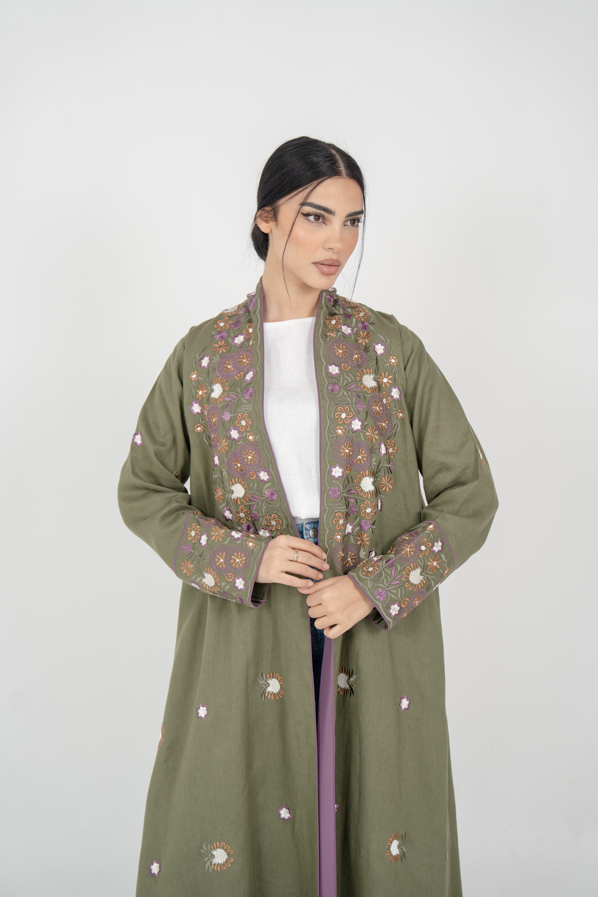 Olive Linen Embroidered Abaya