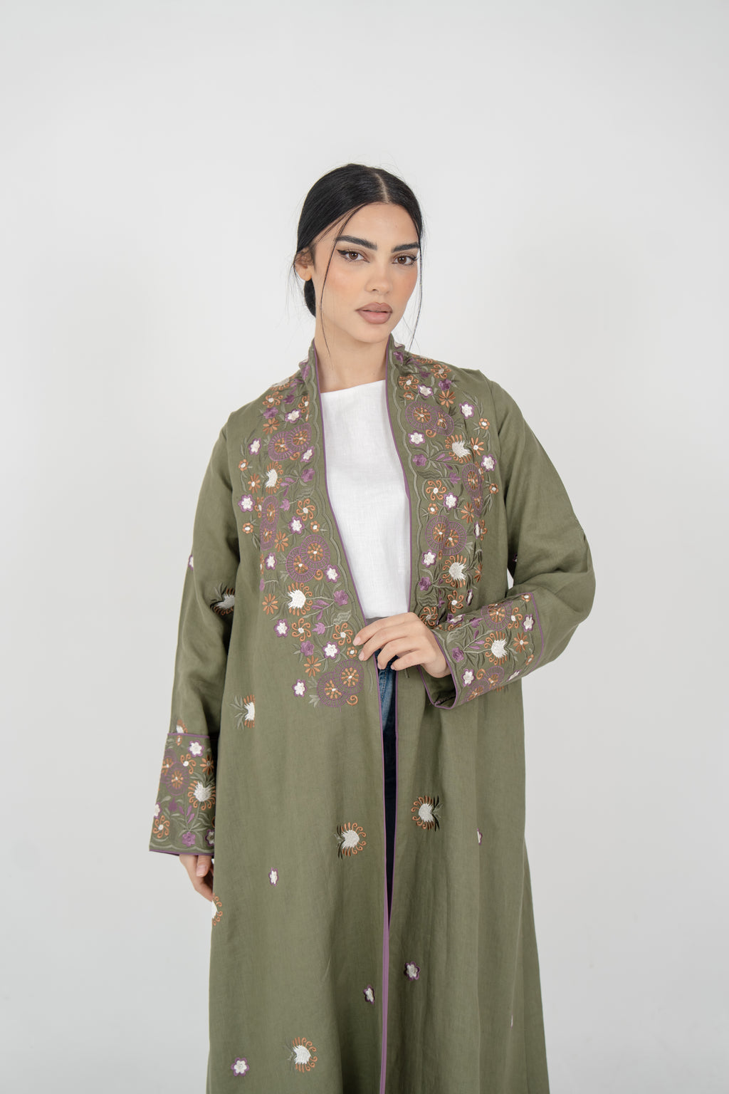 Olive Linen Embroidered Abaya