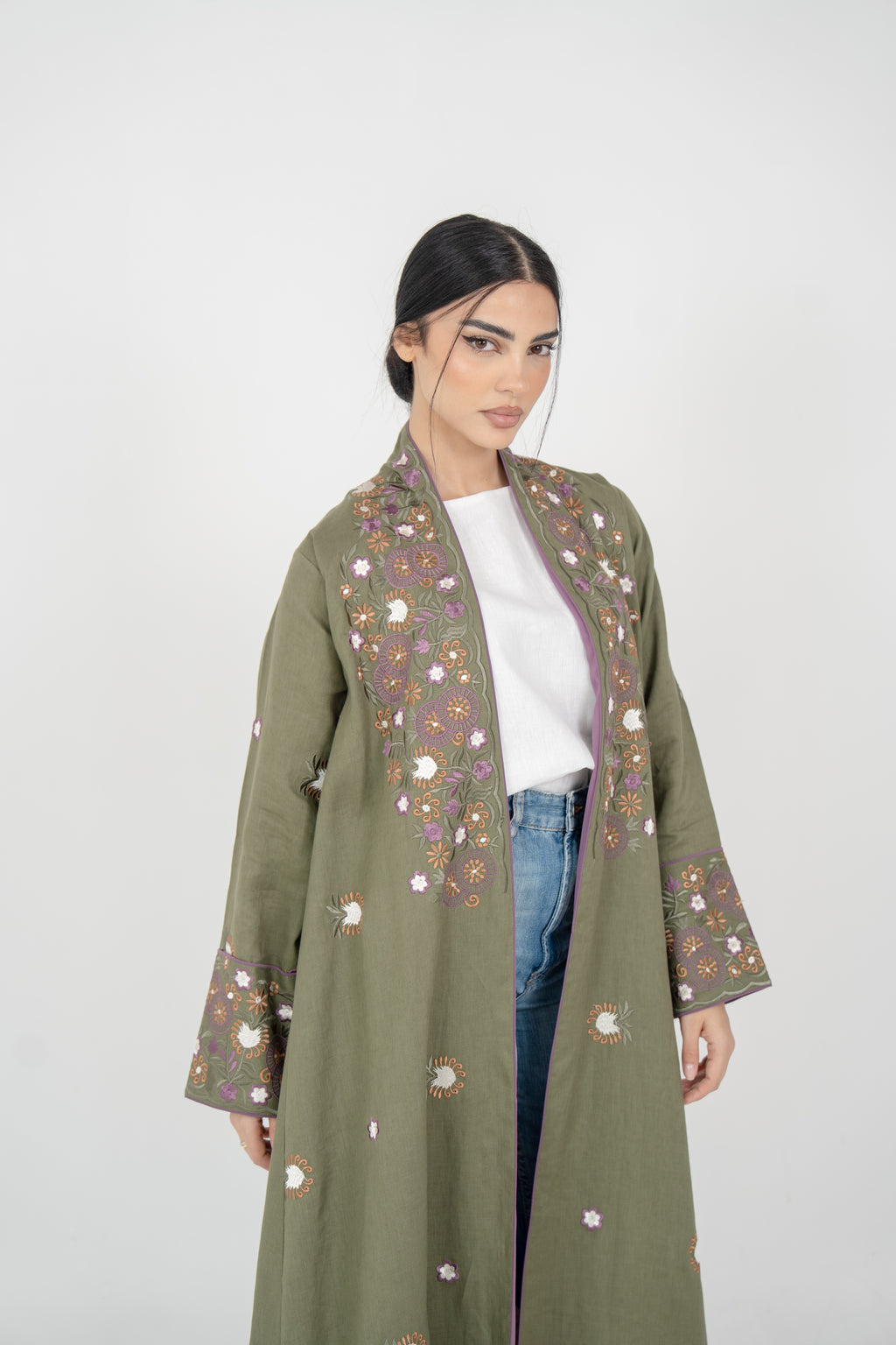 Olive Linen Embroidered Abaya
