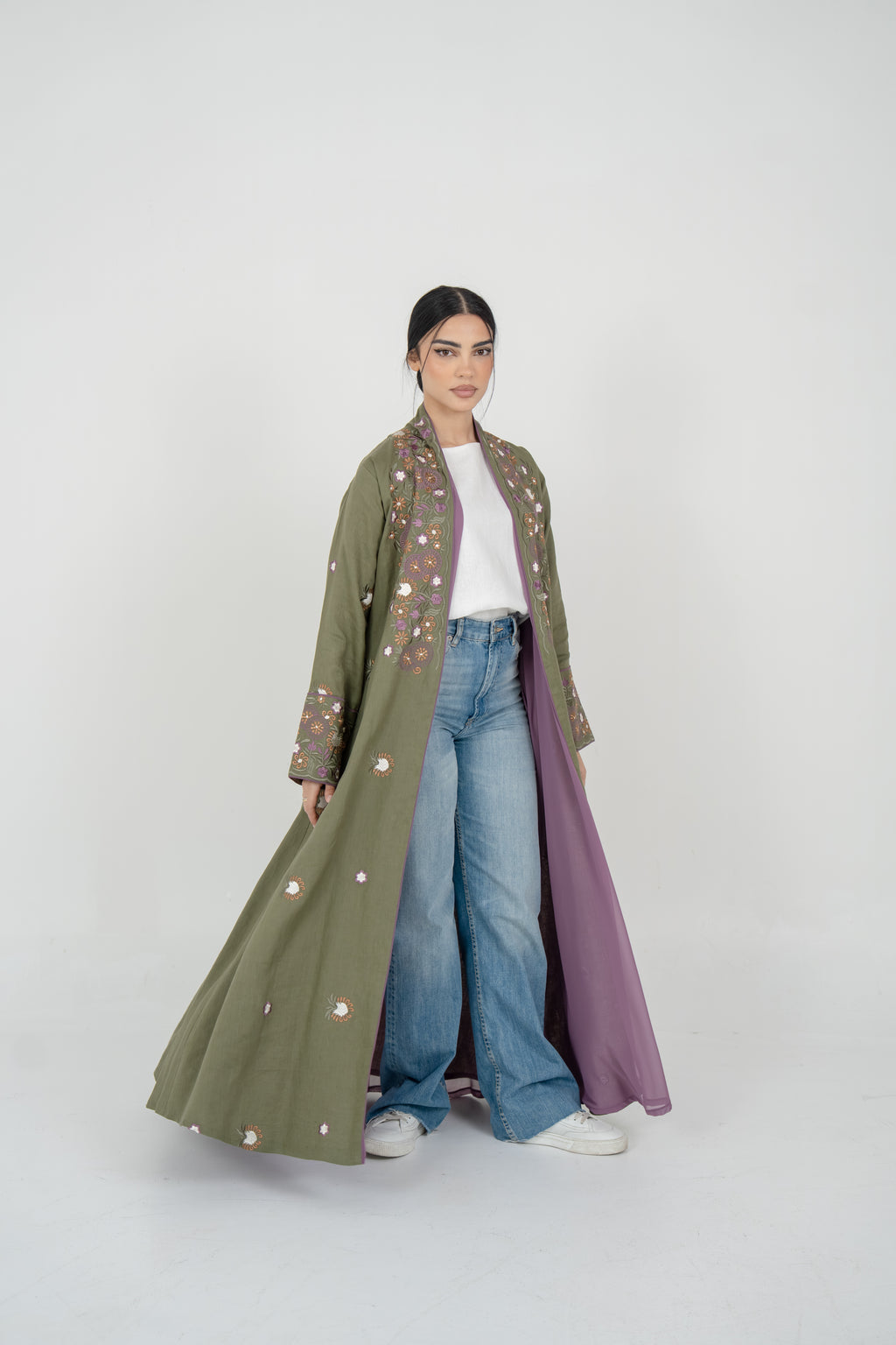 Olive Linen Embroidered Abaya