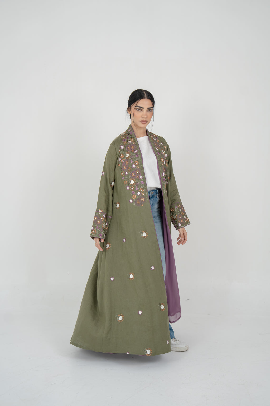 Olive Linen Embroidered Abaya