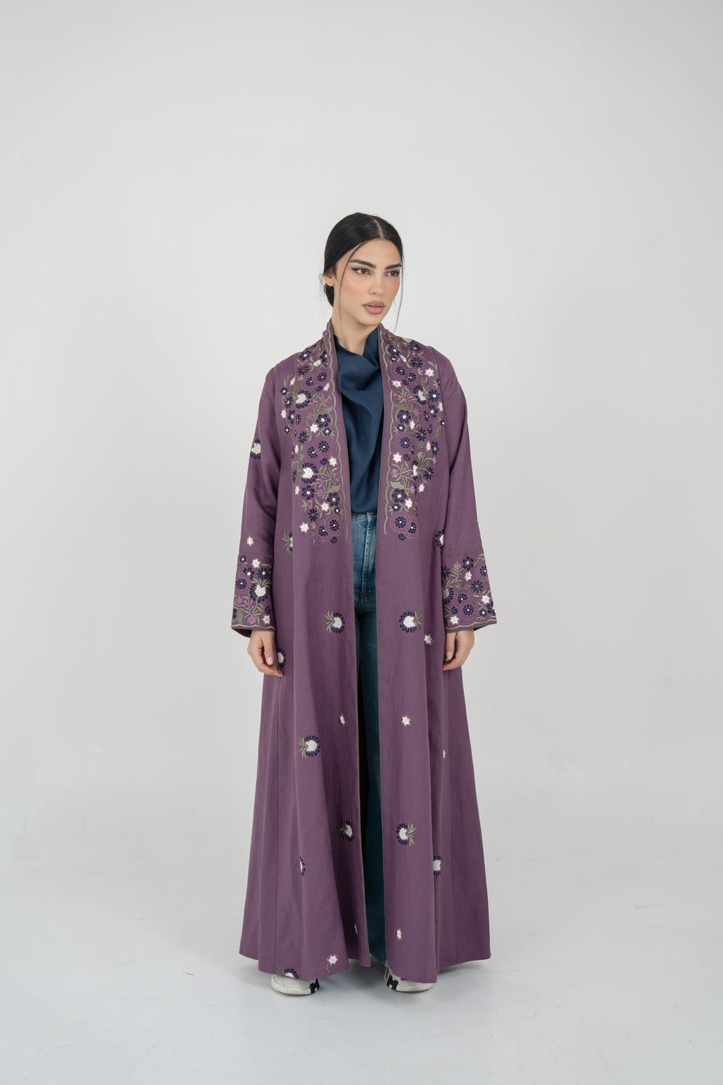Purple Linen Embroidered Abaya