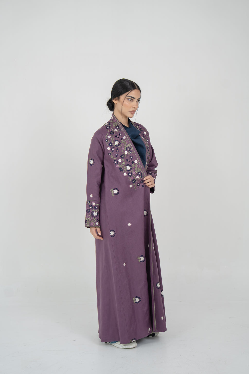 Purple Linen Embroidered Abaya