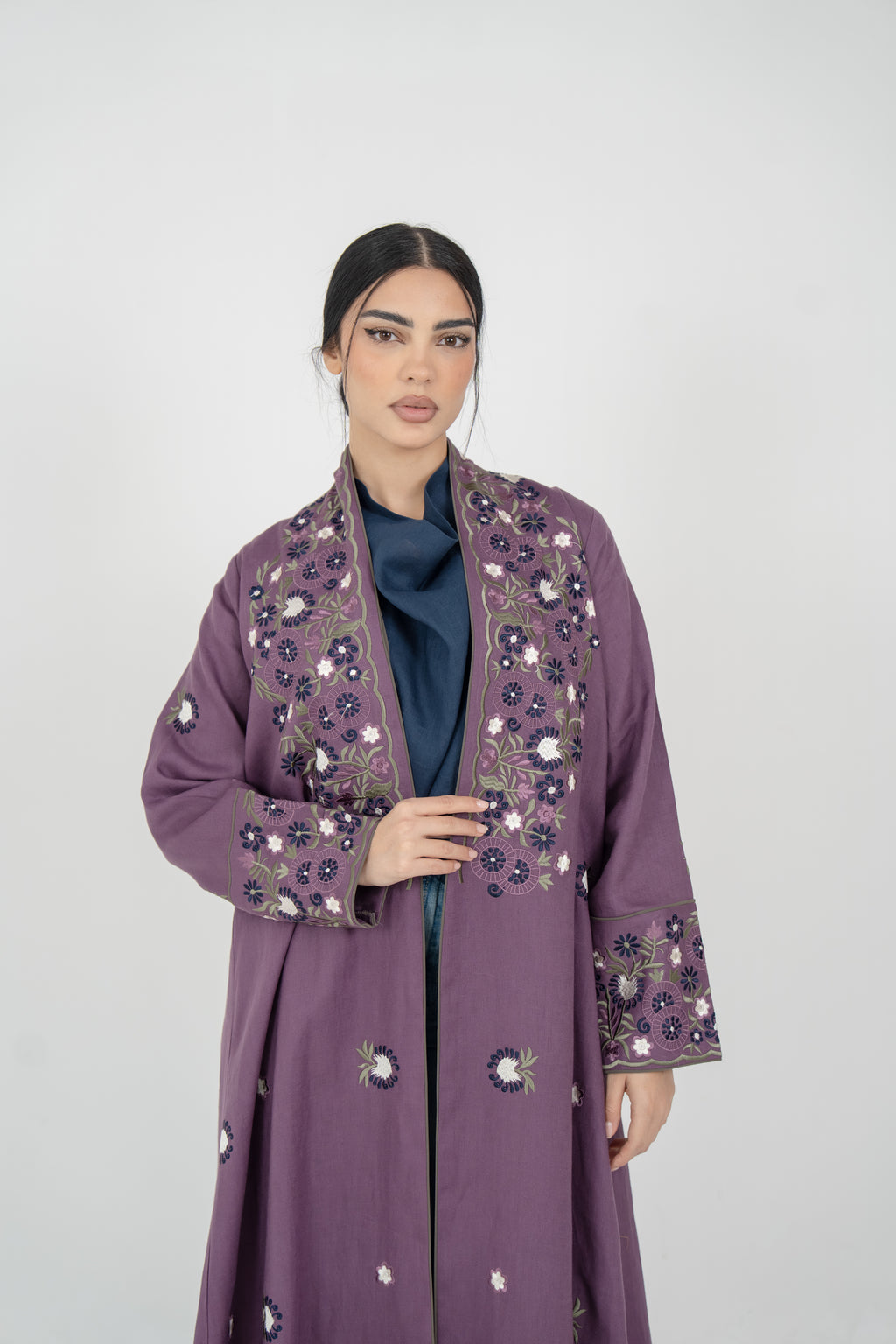 Purple Linen Embroidered Abaya