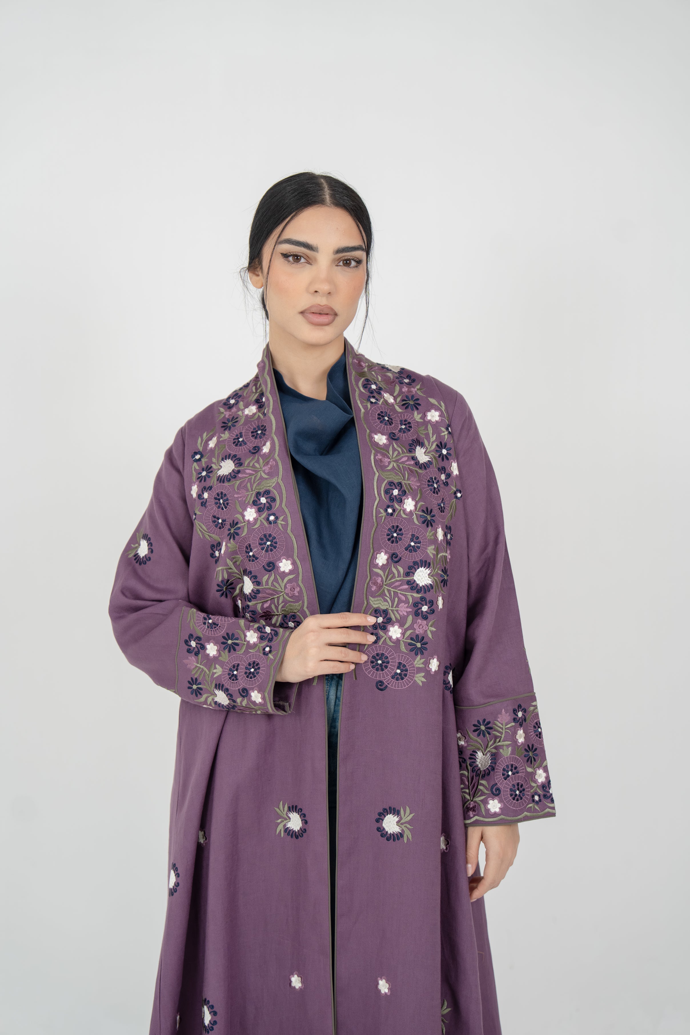 Purple Linen Embroidered Abaya