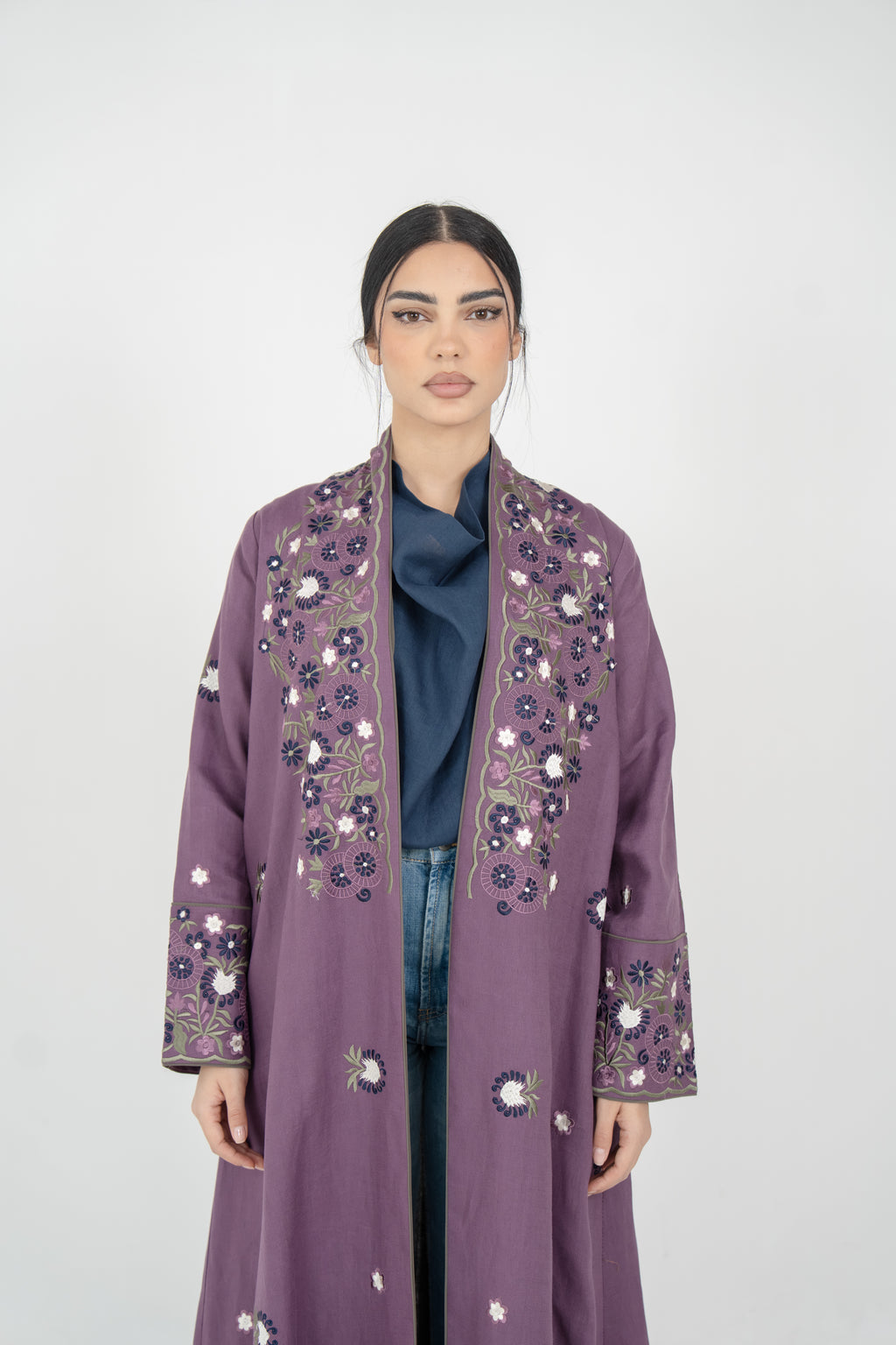 Purple Linen Embroidered Abaya
