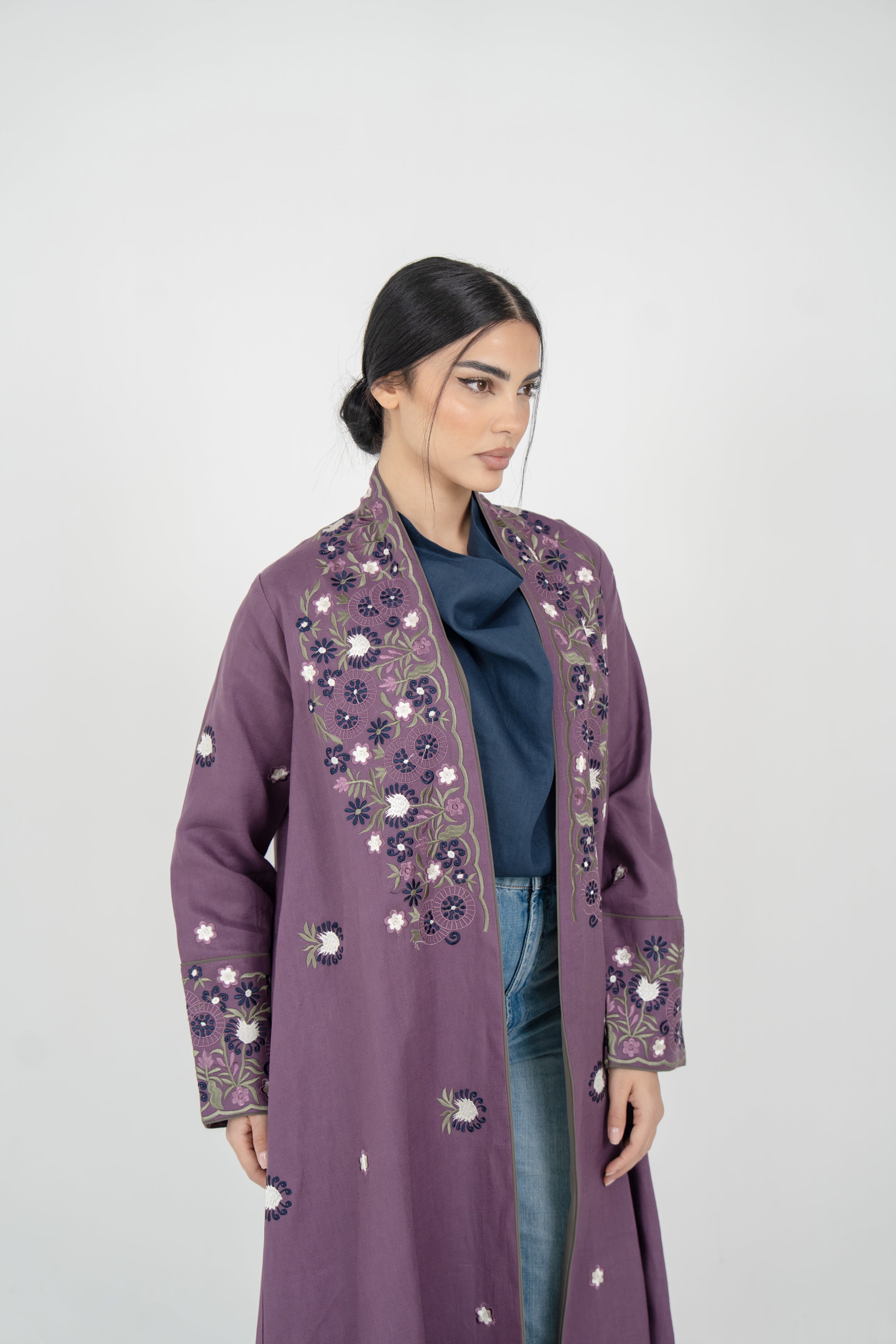 Purple Linen Embroidered Abaya
