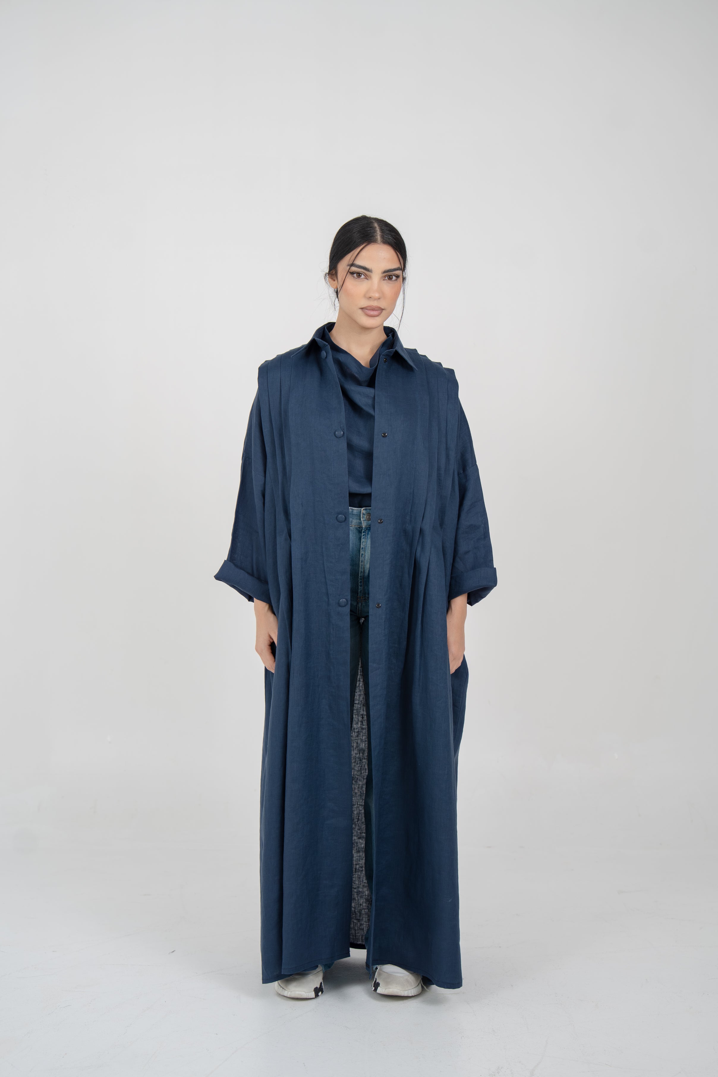 Navy Linen Abaya With Side Pocket Design