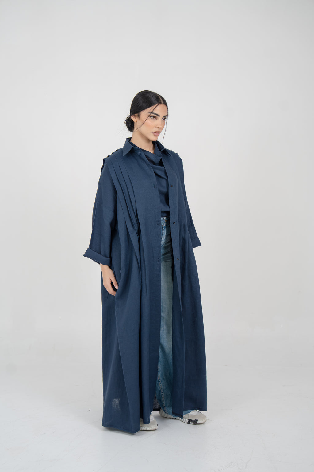 Navy Linen Abaya With Side Pocket Design