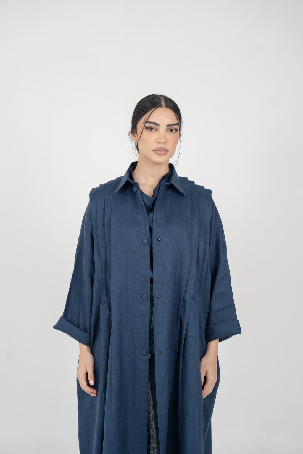 Navy Linen Abaya With Side Pocket Design