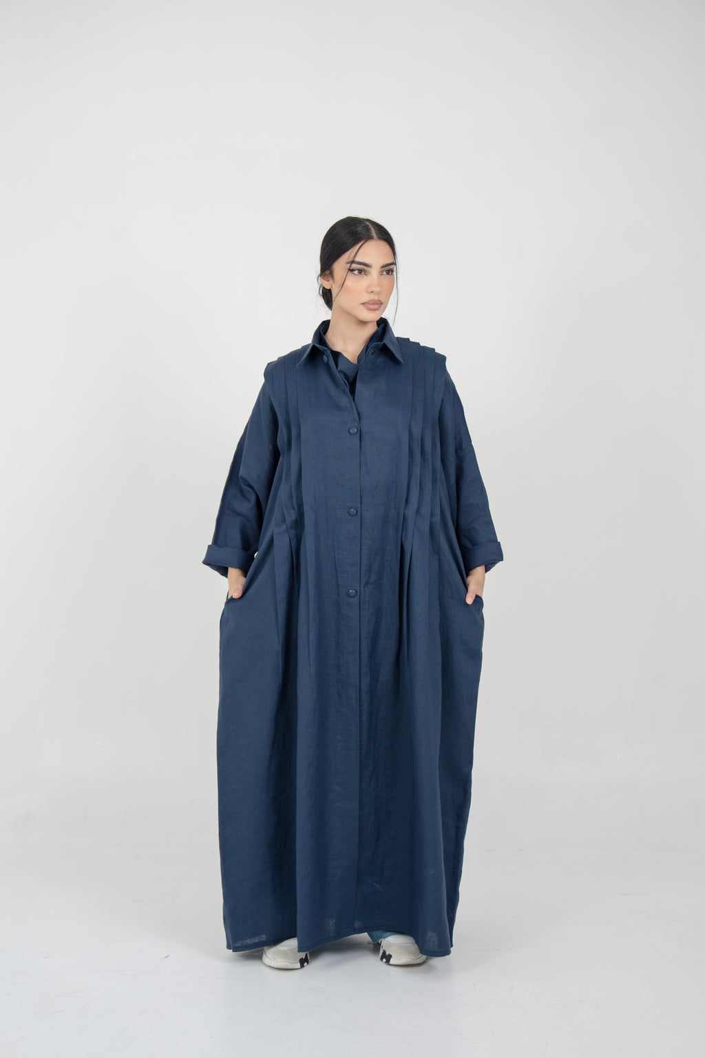 Navy Linen Abaya With Side Pocket Design