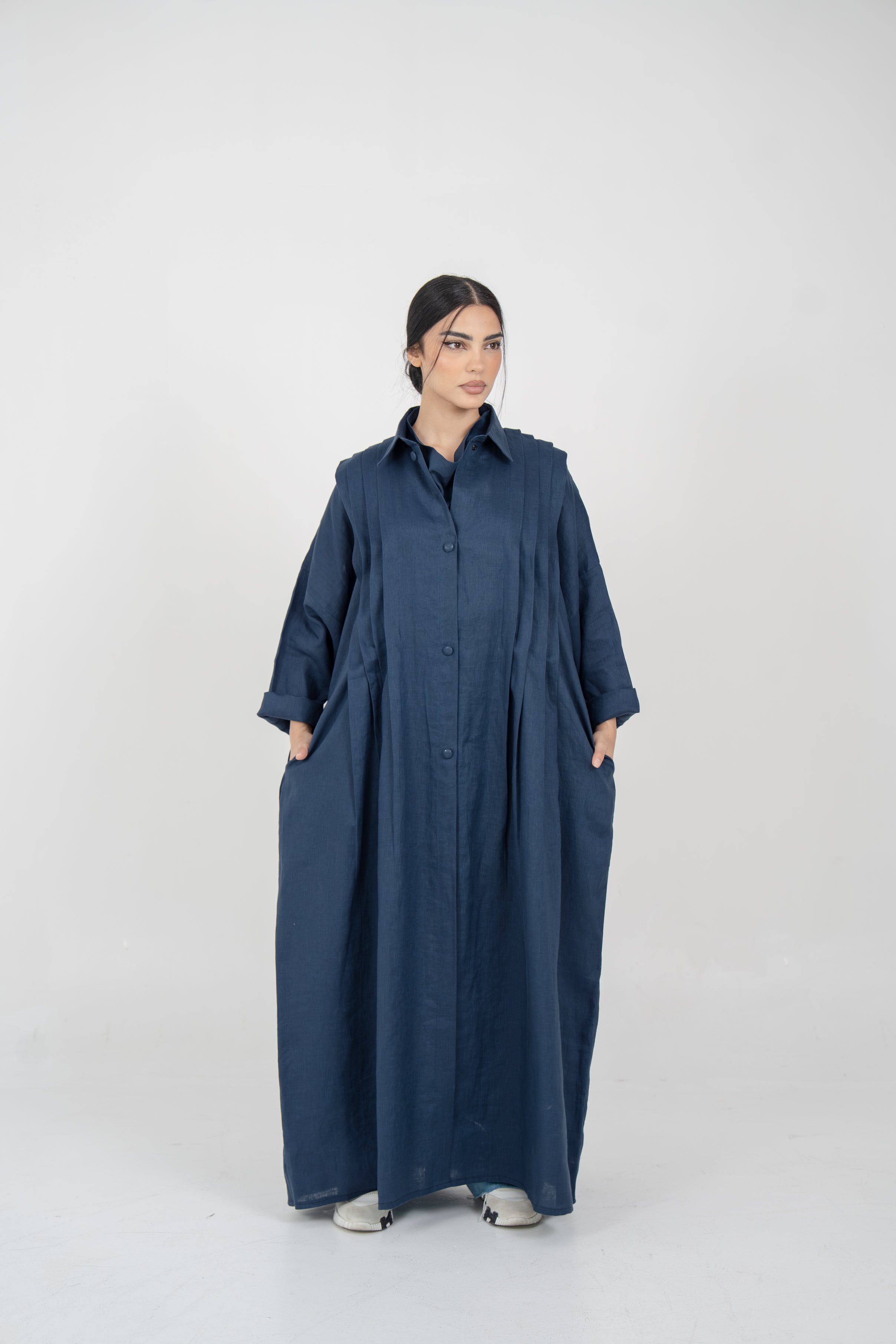 Navy Linen Abaya With Side Pocket Design