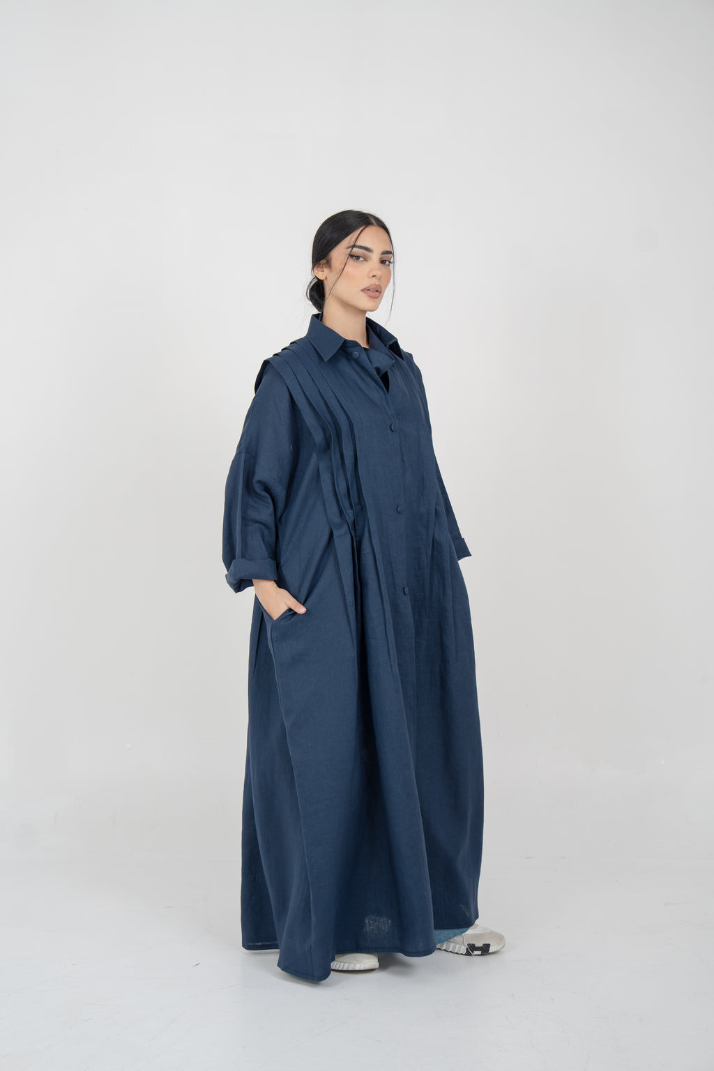 Navy Linen Abaya With Side Pocket Design