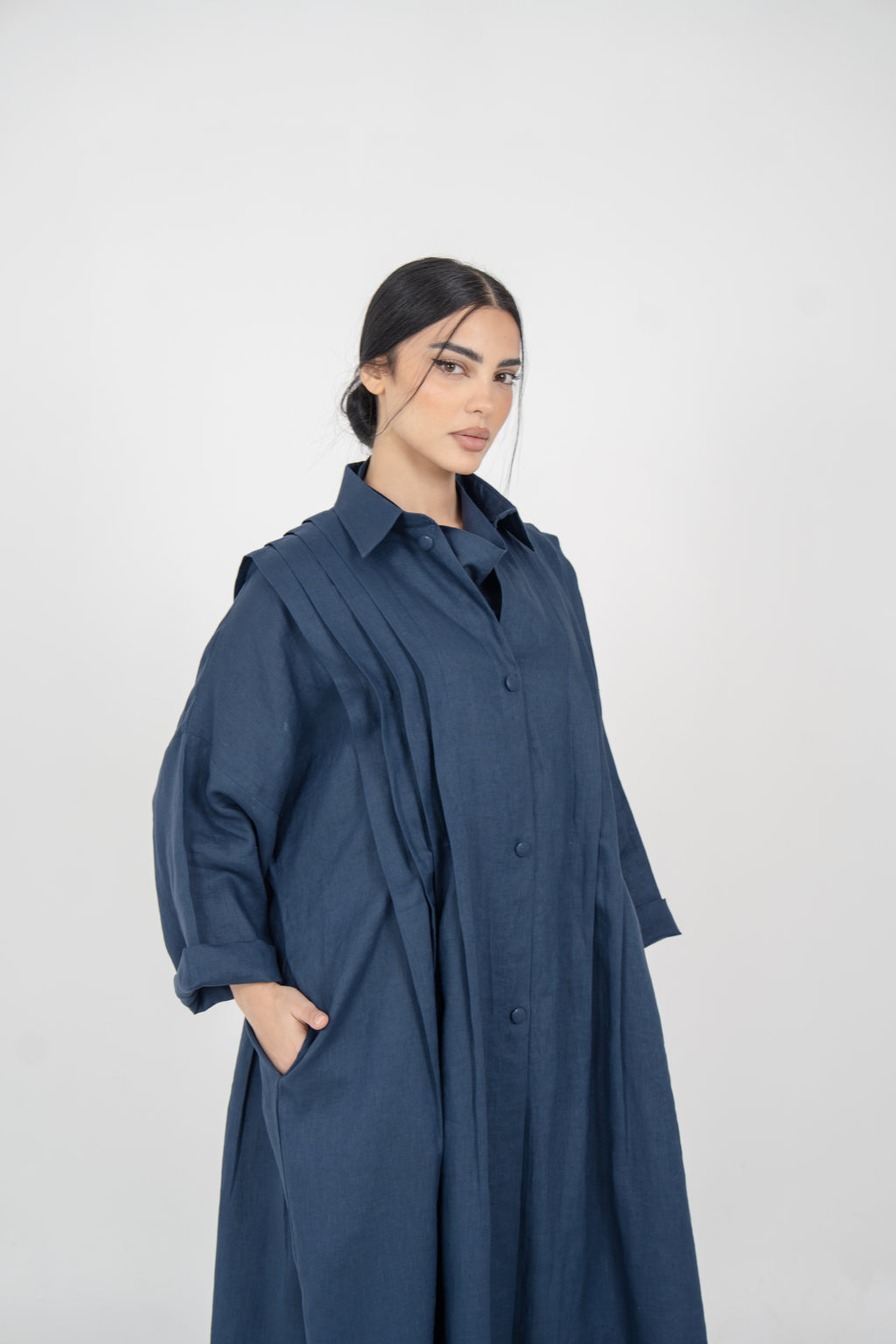 Navy Linen Abaya With Side Pocket Design