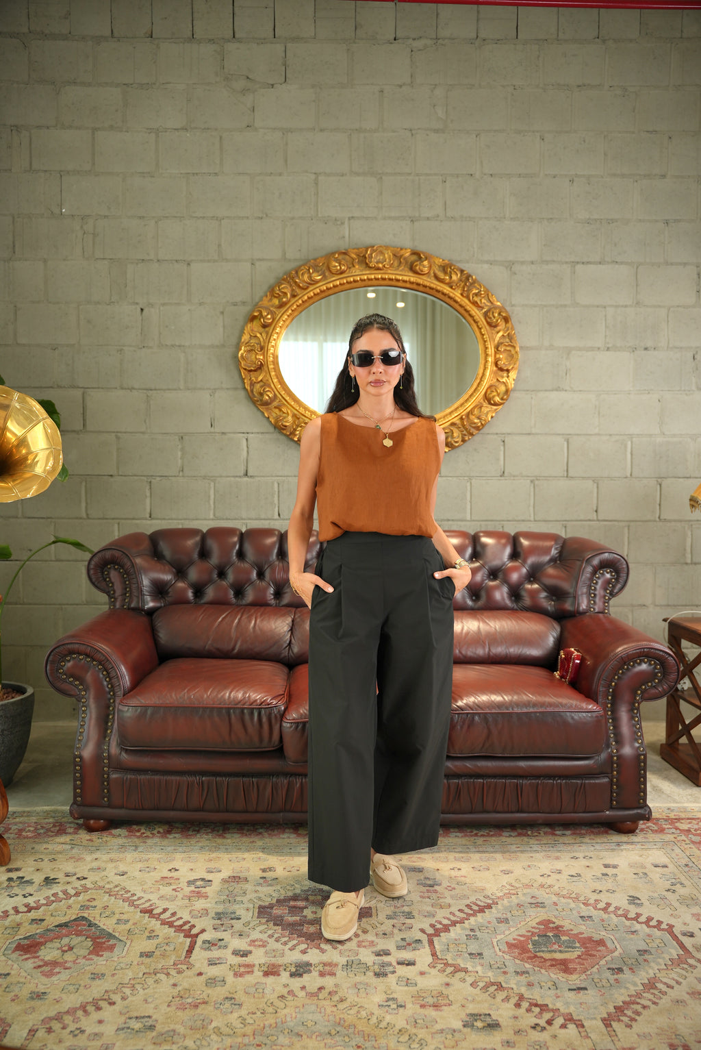 Orange Linen Blouse with Black Trouser