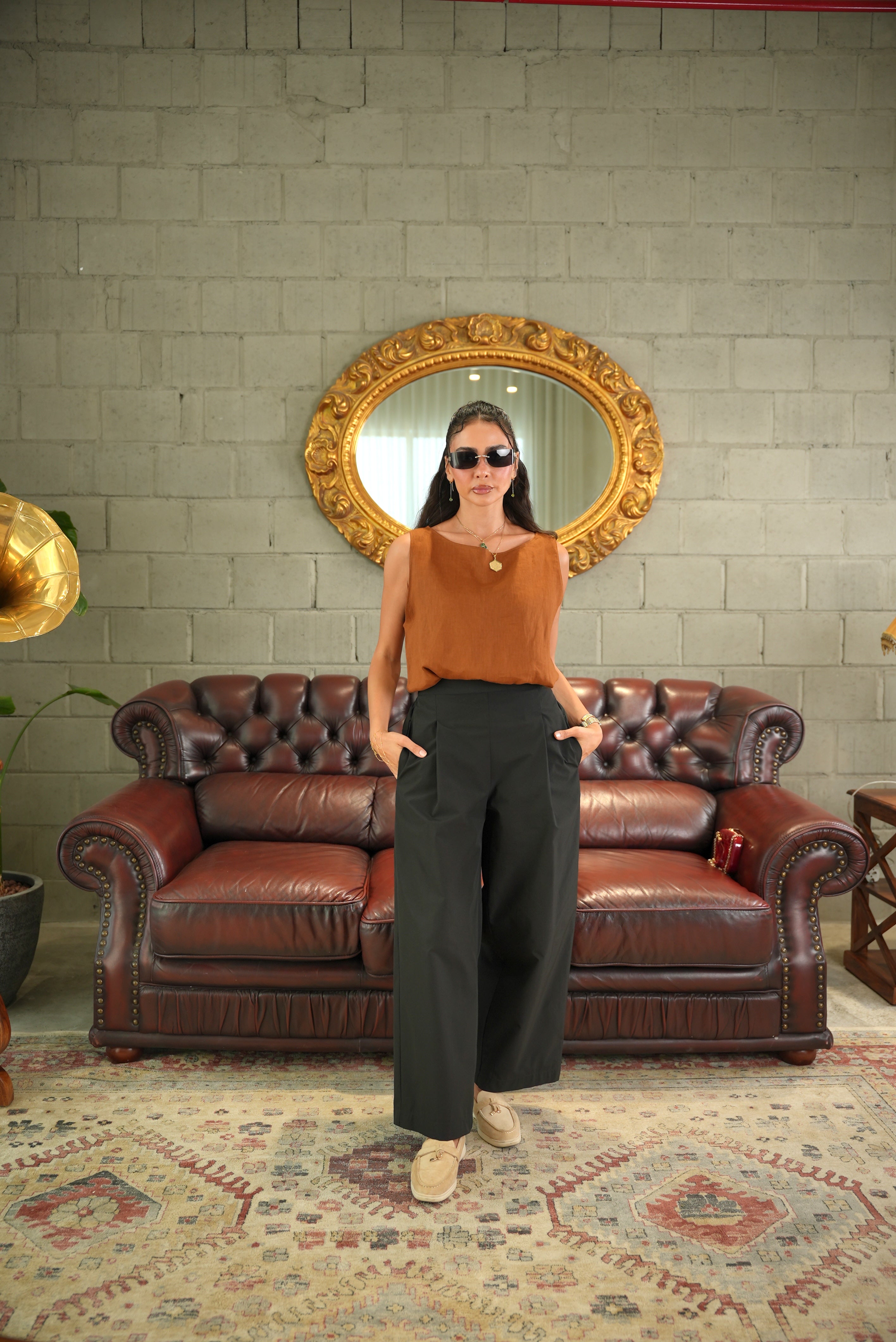 Orange Linen Blouse with Black Trouser